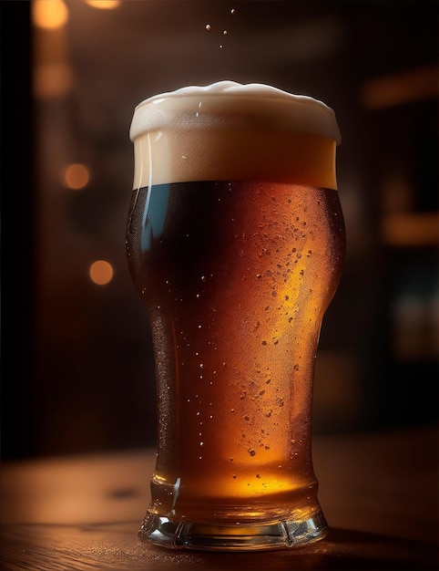 Bicchiere di birra su un tavolo di legno con uno sfondo scuro