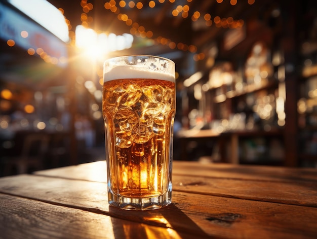 Bicchiere di birra su un tavolo di legno in un pub o in un ristorante