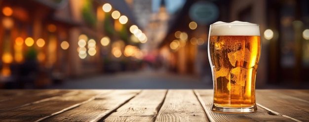 Bicchiere di birra su un tavolo di legno nel pub Sfocatura dello sfondo Copia spazio Banner Ai generativa
