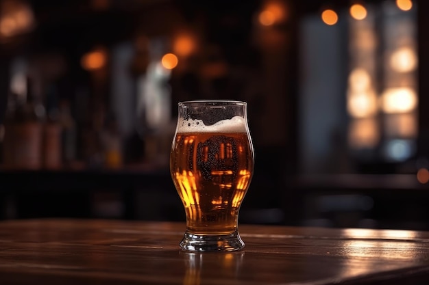 Bicchiere di birra su un tavolo in un bar su sfondo bokeh sfocato