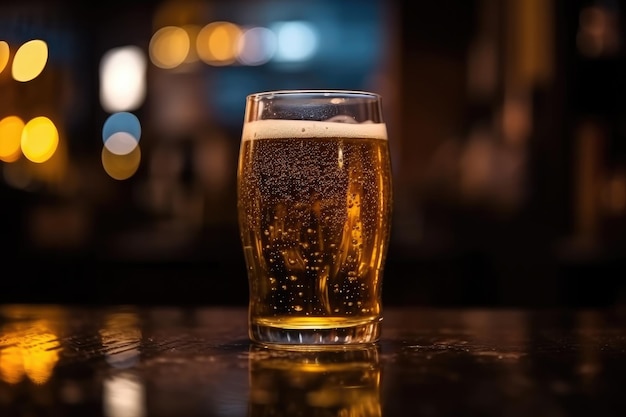 Bicchiere di birra su un tavolo in un bar su sfondo bokeh sfocato