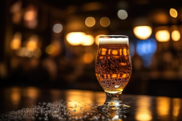 Bicchiere di birra su un tavolo in un bar su sfondo bokeh sfocato