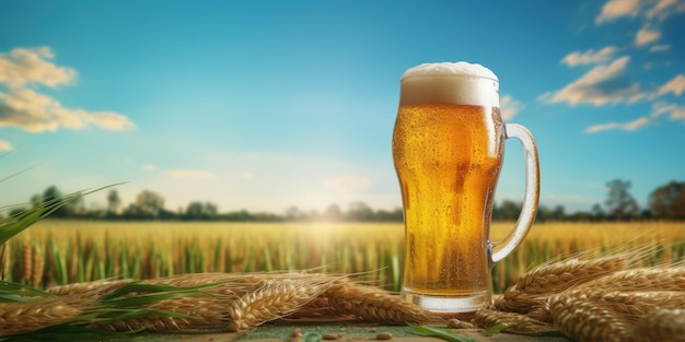 Bicchiere di birra sullo sfondo del campo sfocato Celebrazione della giornata internazionale della birra Generative Ai