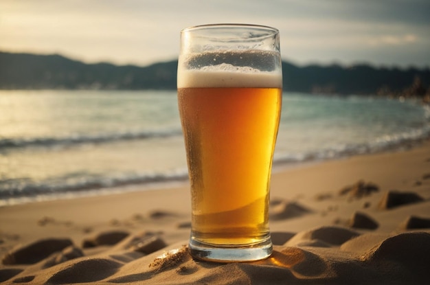 bicchiere di birra sullo sfondo della spiaggia