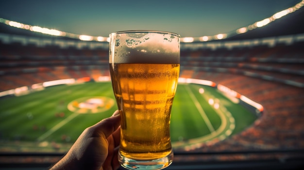 Bicchiere di birra sullo sfondo dello stadio sportivo Generative Ai