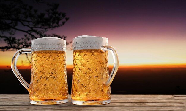 Bicchiere di birra trasparente con birra fredda piena e schiuma alla bocca del bicchiere e gocce d'acqua aderiscono ai bordi superficie di tavola o legno e con paesaggio di montagna nel sole mattutino 3D Rendering