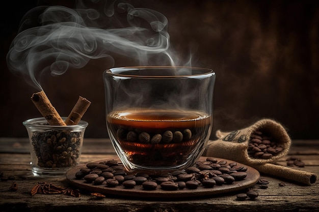 Bicchiere di caffè con fumo e chicchi di caffè su fondo di legno vecchio
