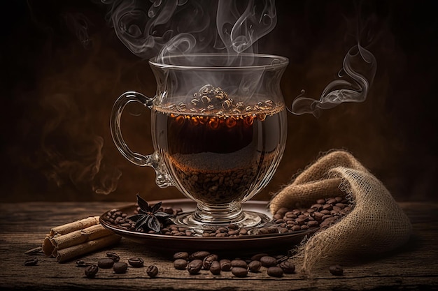 Bicchiere di caffè con fumo e chicchi di caffè su fondo di legno vecchio