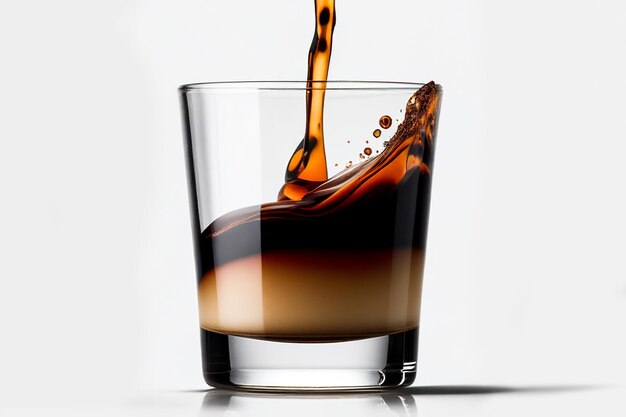 Bicchiere di caffè espresso con una goccia su sfondo bianco. Versare l'espresso in un bicchiere.