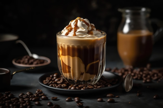 Bicchiere di caffè freddo con panna montata e caramello Generative AI