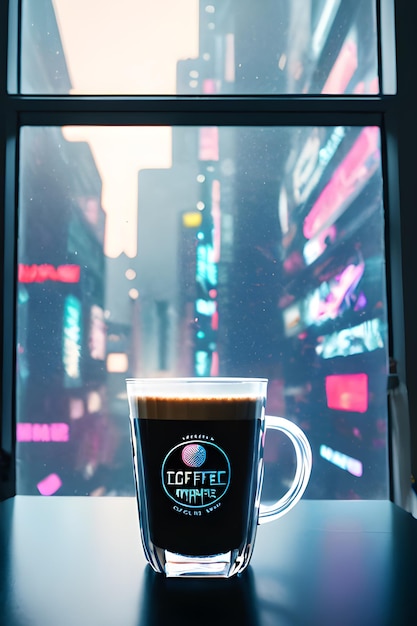 Bicchiere di caffè in cristallo con stampa spaziale sulla parte superiore in piedi davanti alla finestra con cyberpunk