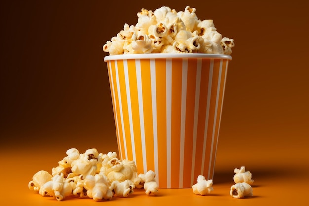 Bicchiere di carta con popcorn su sfondo colorato AI generativa