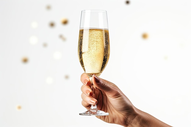 Bicchiere di champagne leggero e festivo su sfondo bokeh. Copia spazio per il testo