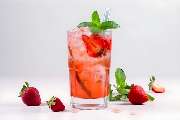 Bicchiere di cocktail alcolico alla fragola con menta fresca Isolato su bianco AI generato