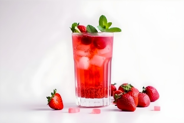 Bicchiere di cocktail alcolico alla fragola con menta fresca Isolato su bianco AI generato