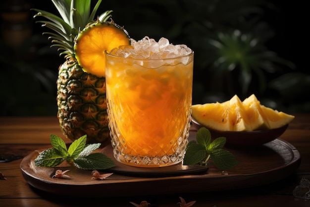Bicchiere di cocktail estivo con ananas su sfondo scuro Contenuti AI generativi