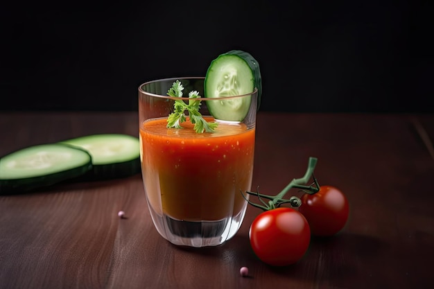 Bicchiere di gazpacho guarnito con cetrioli e pomodorini