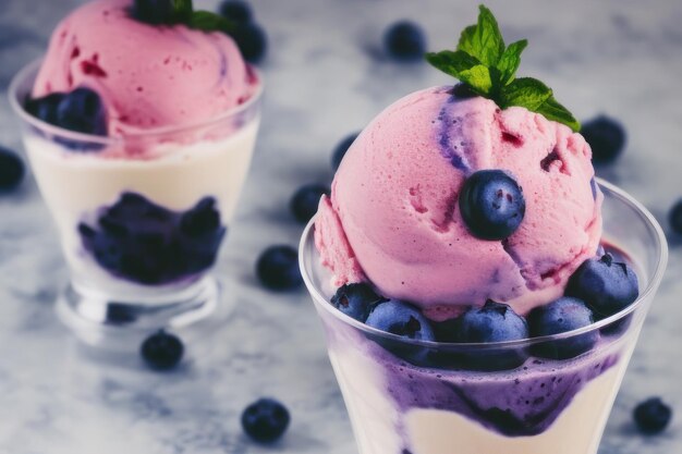 Bicchiere di gelato alla vaniglia decorato con mirtilli freschi sulla tavola di legno marrone