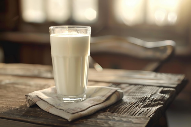 bicchiere di latte bicchiere de latte bicciolo di latte con tovagliolo su un vecchio tavolo di legno