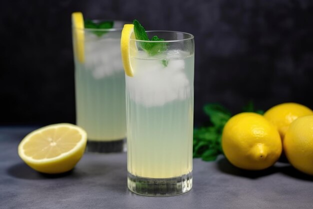 Bicchiere di limonata con fetta di limone e rametto di menta fresca creato con ai generativo