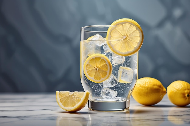 Bicchiere di limonata fredda con fetta di limone su superficie di marmo creata utilizzando la tecnologia ai generativa