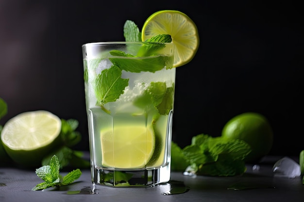 Bicchiere di mojito guarnito con menta e lime creato con ai generativo