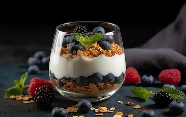 Bicchiere di muesli allo yogurt con un mix di frutti di bosco