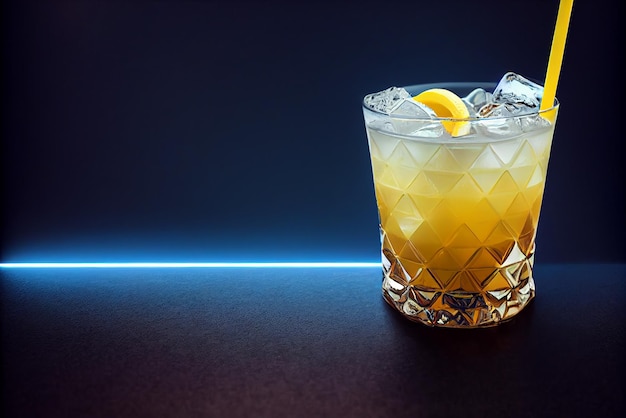 Bicchiere di rinfrescante cocktail giallo con cubetti di ghiaccio e fettine di limone su sfondo blu Illustrazione del cocktail giallo con paglia