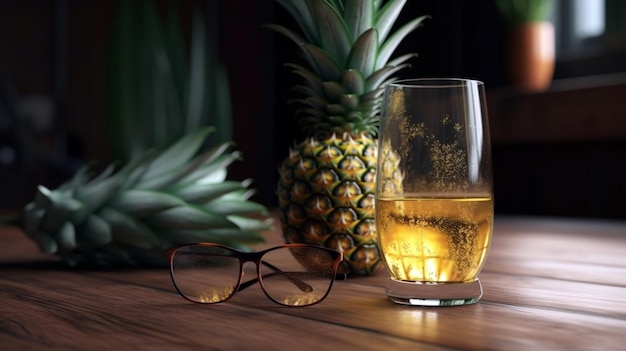 Bicchiere di succo d'ananas e ananas generativo ai