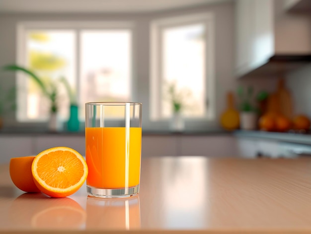 Bicchiere di succo d'arancia fresco sul tavolo in cucina Spazio per il testo Generato dall'AI