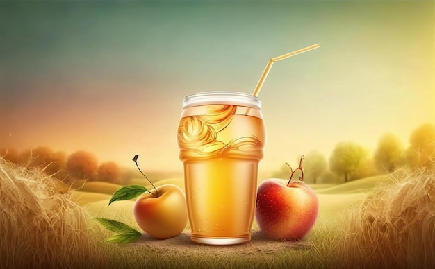 Bicchiere di succo di frutta con la natura sullo sfondo. progettazione degli annunci