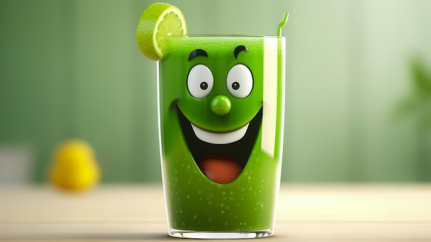 bicchiere di succo verde con una faccia allegra 3D su uno sfondo bianco