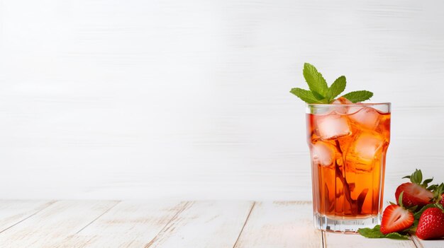 Bicchiere di tè freddo alla menta e scatola di legno con limoni