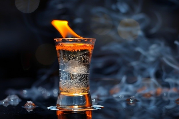 bicchiere di tequila in fiamme su sfondo nero