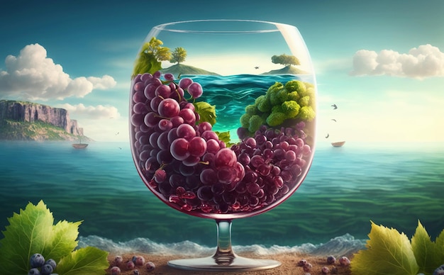 Bicchiere di uva rossa nel mezzo dell'illustrazione vettoriale dell'isola tropicale