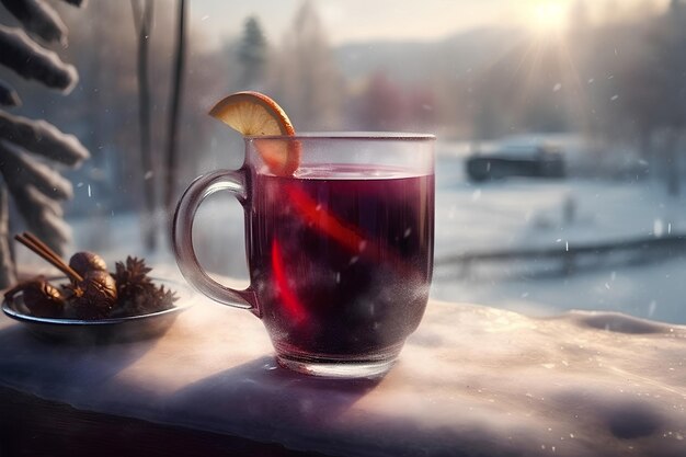 Bicchiere di vin brulè sulla superficie coperta di neve all'aperto soleggiato paesaggio invernale sullo sfondo