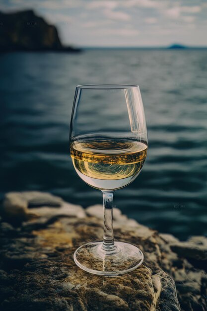 Bicchiere di vino bianco su sgabelli di pietra contro il mare blu Illustrator AI Generativo