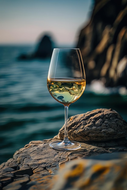 Bicchiere di vino bianco su sgabelli di pietra contro il mare blu Illustrator AI Generativo