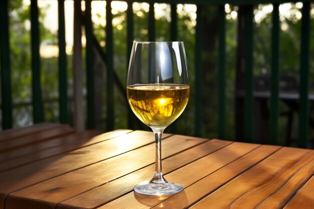 Bicchiere di vino bianco su un tavolo di legno sullo sfondo di un giardino verde