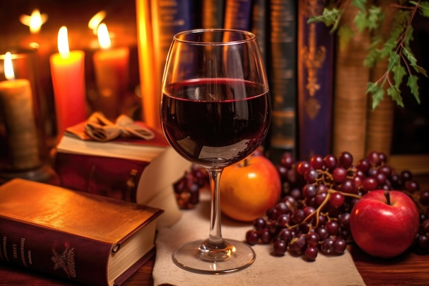 bicchiere di vino con vino caldo accanto a un libro creato con ai generativo