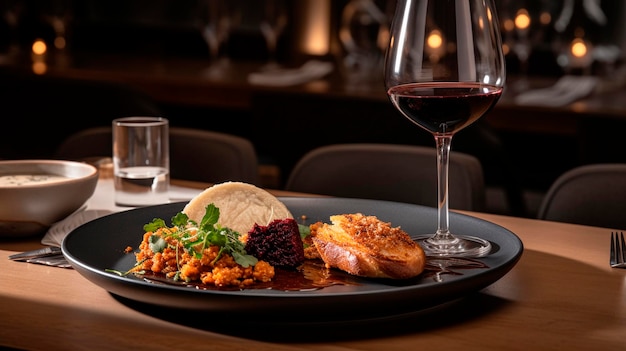 Bicchiere di vino e deliziosa cena con carne e verdure su sfondo scuro IA generativa