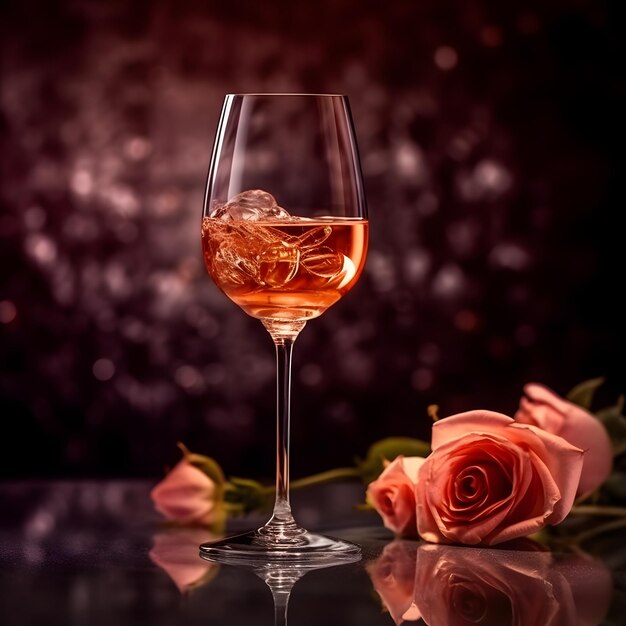 Bicchiere di vino rosato e rosa