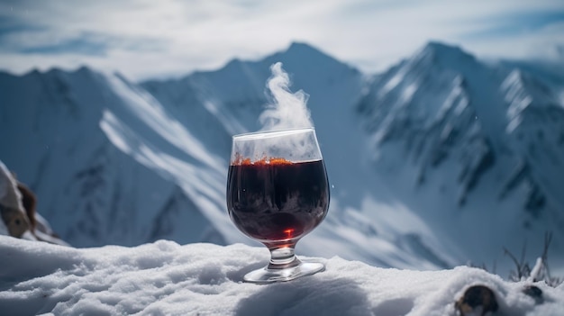 Bicchiere di vino rosso caldo vin brulè sfondo primo piano delle cime innevate delle montagne AI