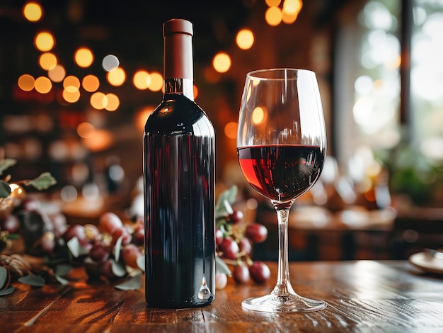 bicchiere di vino rosso con bottiglia contro rustico scuro su tavolo di legno Mock up per il design