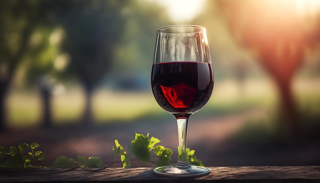 Bicchiere di vino rosso della casa nella campagna assolata degustazione di vini cantina e vinificazione viticoltura Generativo Ai