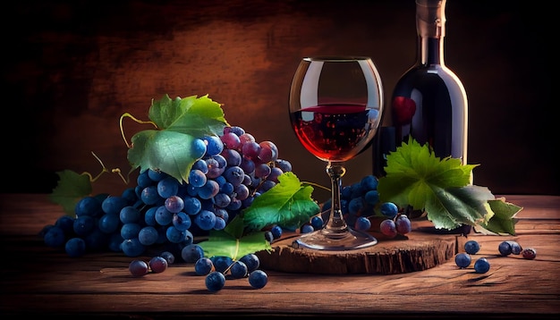 Bicchiere di vino rosso e grappolo d'uva su sfondo nero ai generativo