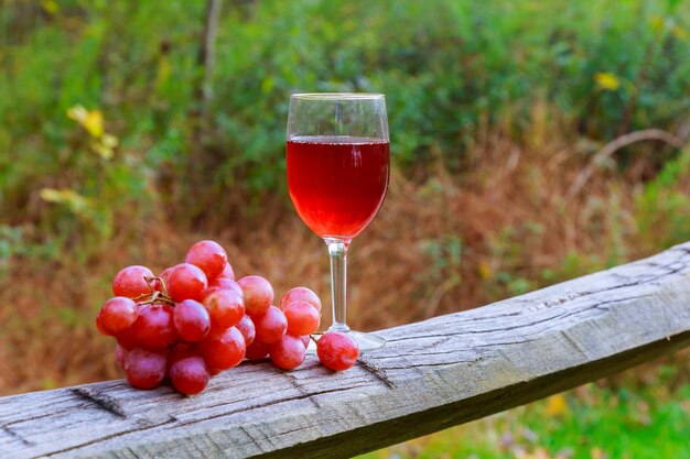 Bicchiere di vino rosso e grappolo d'uva sul tavolo di legno contro il vigneto in estate