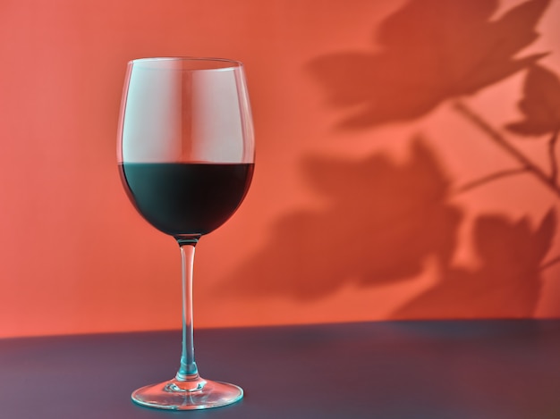 Bicchiere di vino rosso e ombra di foglie di vite