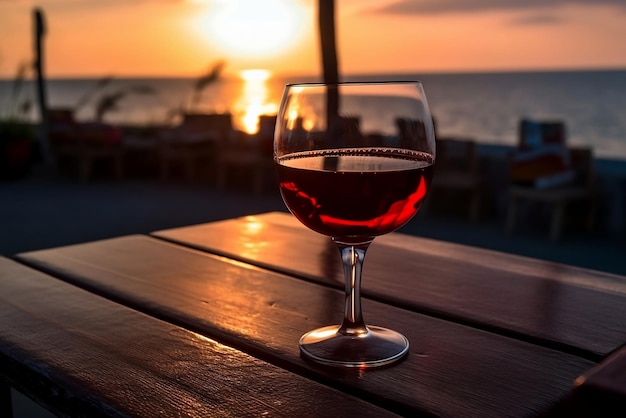 Bicchiere di vino rosso sul tavolo al tramonto via mare