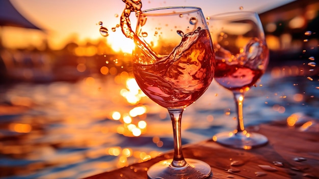 bicchiere di vino spruzzo di vino in bicchiere su candela di legno davanti al tramonto spiaggia e mare